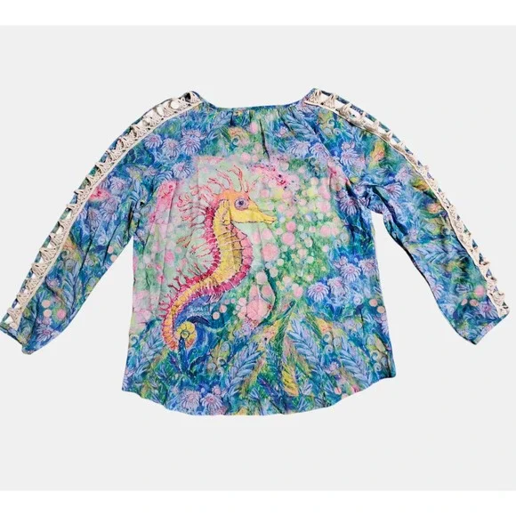 Leoma Lovegrove Seahorse Tie Waist Art to Wear Top Watercolor L Laced Sleeves - Picture 2 of 12